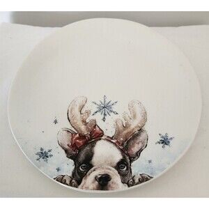 Sleighbell Bistro Dog Reindeer Salad Plate Christmas Boston Terrier